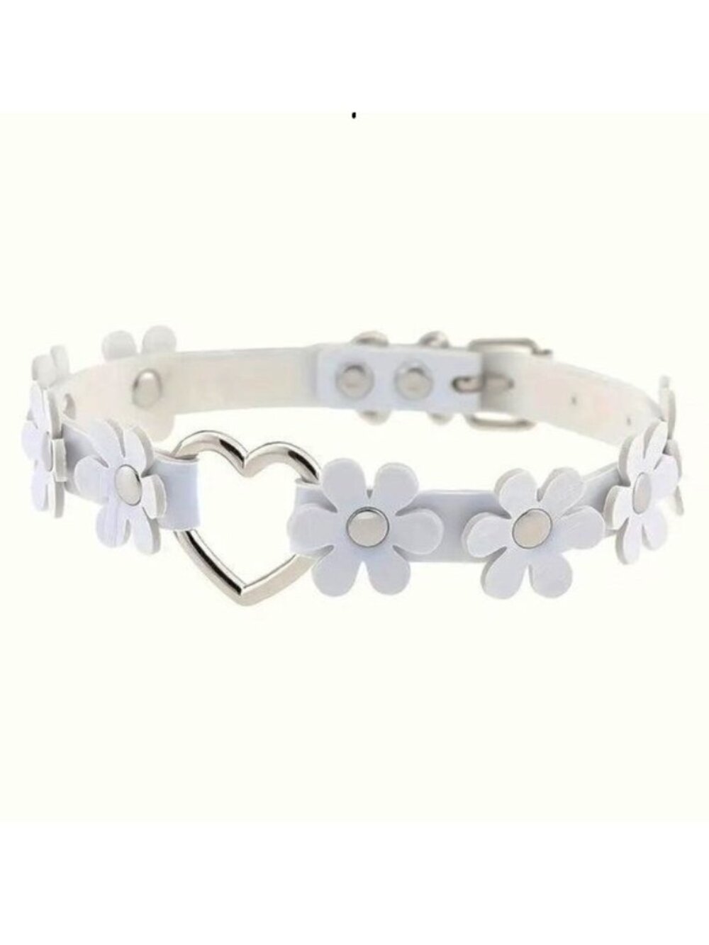 Necklace Leather Choker Collar White Flowers Goth Rave Role Play Fetish Cosplay